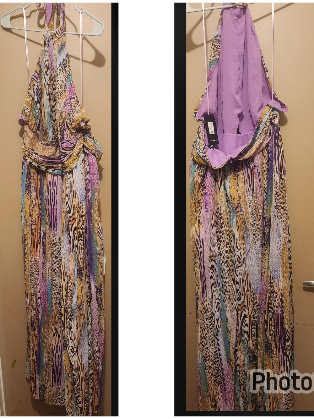 Colorful Animal-Print Halter Maxi Dress in Lavender Accents